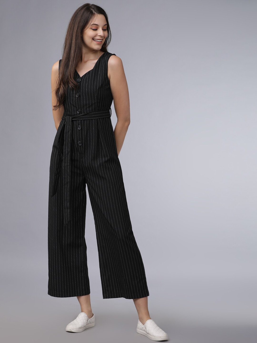 

Tokyo Talkies Women Black & White Striped Basic Jumpsuit
