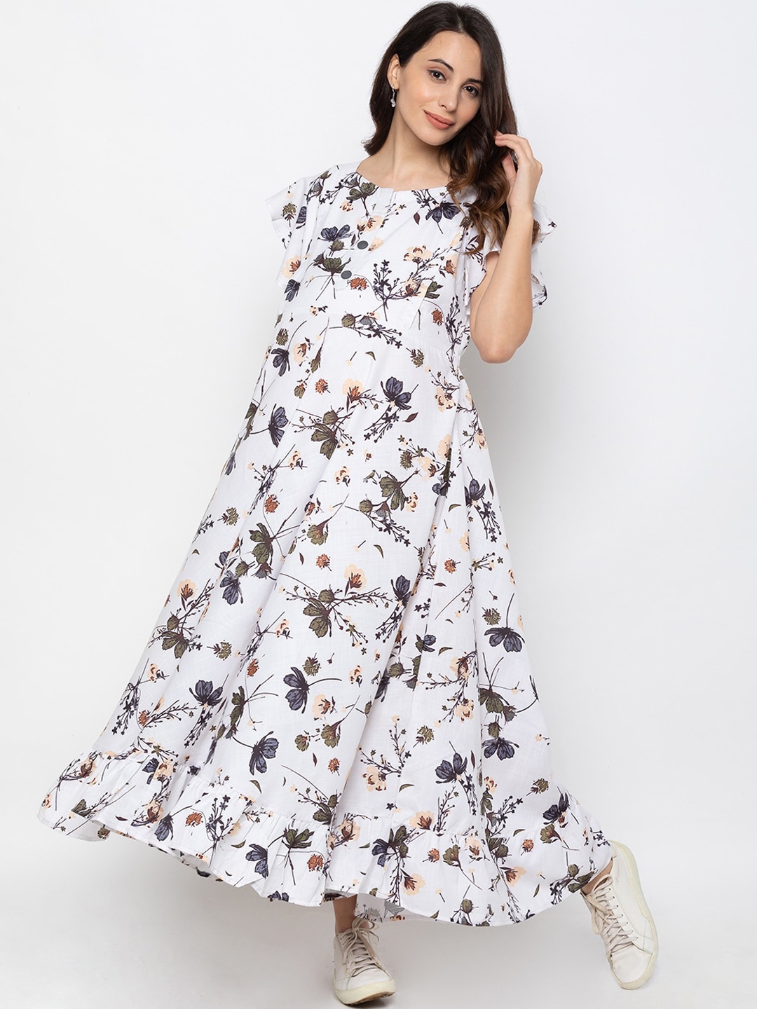 

MomToBe Women White Printed Maxi Maternity Nursing Dress