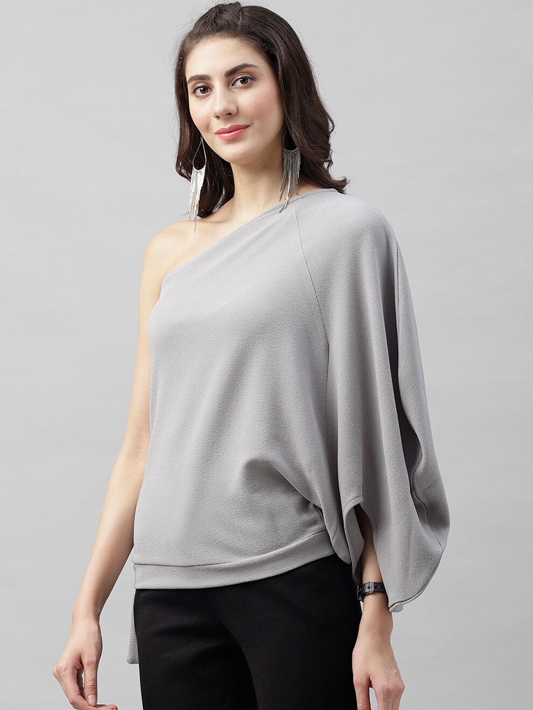

Athena Women Grey Solid One Shoulder Top with Side Knot Detail