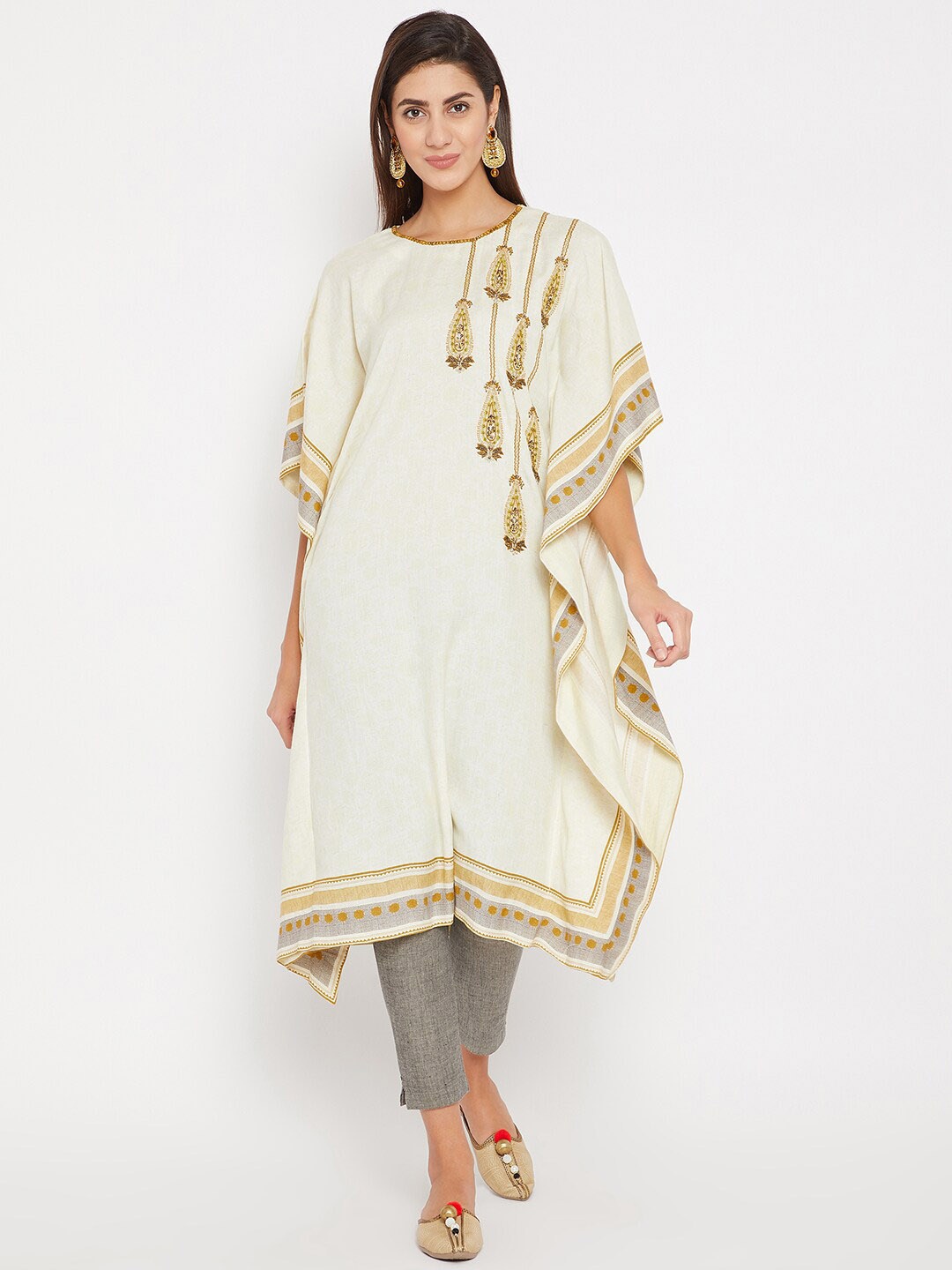 

The Kaftan Company Women Off-White & Gold Floral Print A-Line Kurta