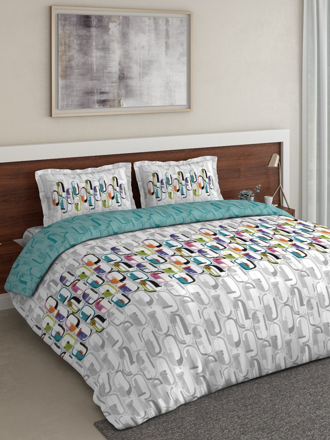 

DDecor White & Grey Geometric Printed Double Queen Bedding Set