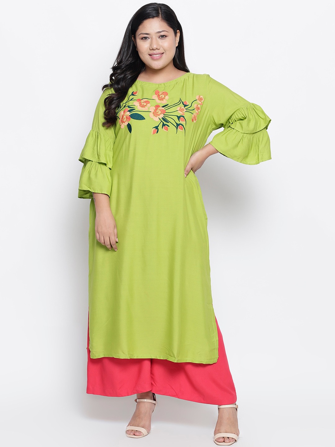 

Amydus Women Plus Size Floral Embroidered Bell Sleeves Liva Kurta, Green