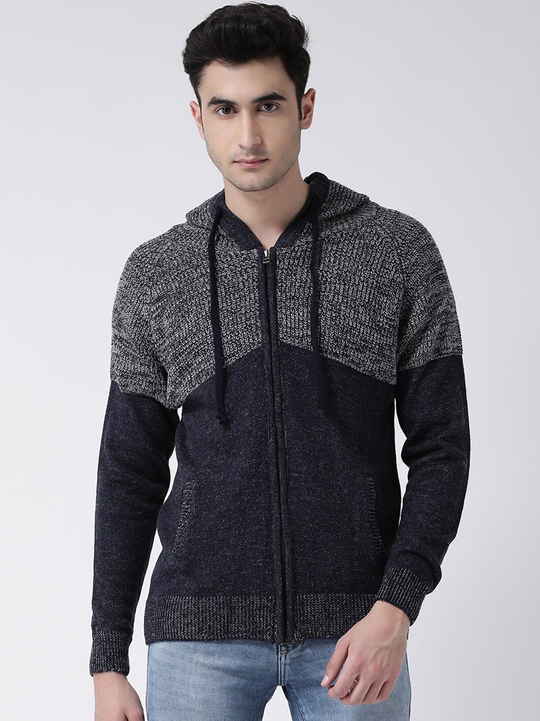 

Club York Men Navy Blue & Grey Colourblocked Front-Open Sweater