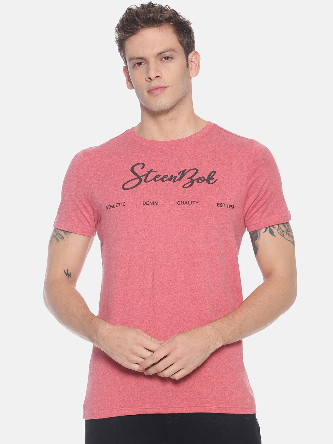 

Steenbok Men Pink Printed Round Neck Pure Cotton T-shirt