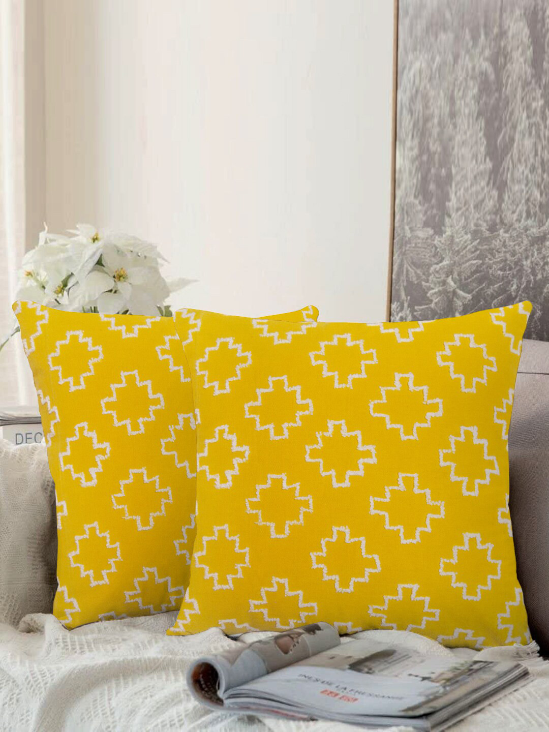 

aRDENMEAD Yellow Set of 2 Embroidered Square Cushion Covers