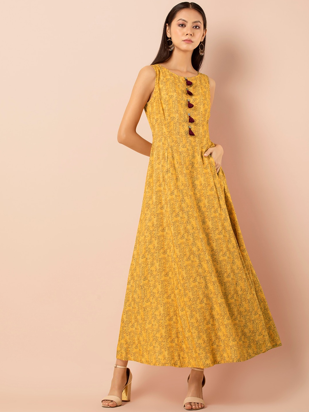 INDYA Yellow Tasseled Maxi Dress with Pockets