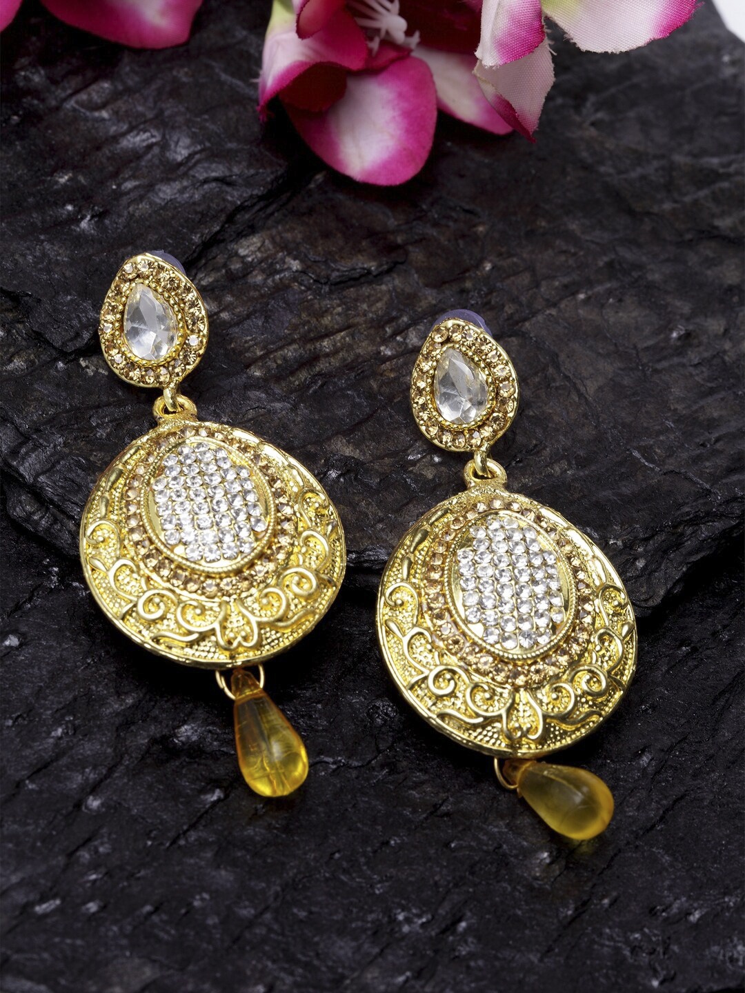 

ANIKAS CREATION Gold-Plated & White Oval Drop Earrings