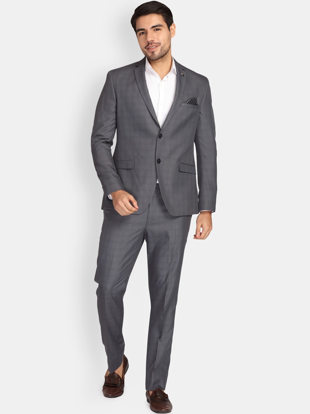 

Theme Men Grey Checked Super Slim-Fit Single-Breasted Formal Suit