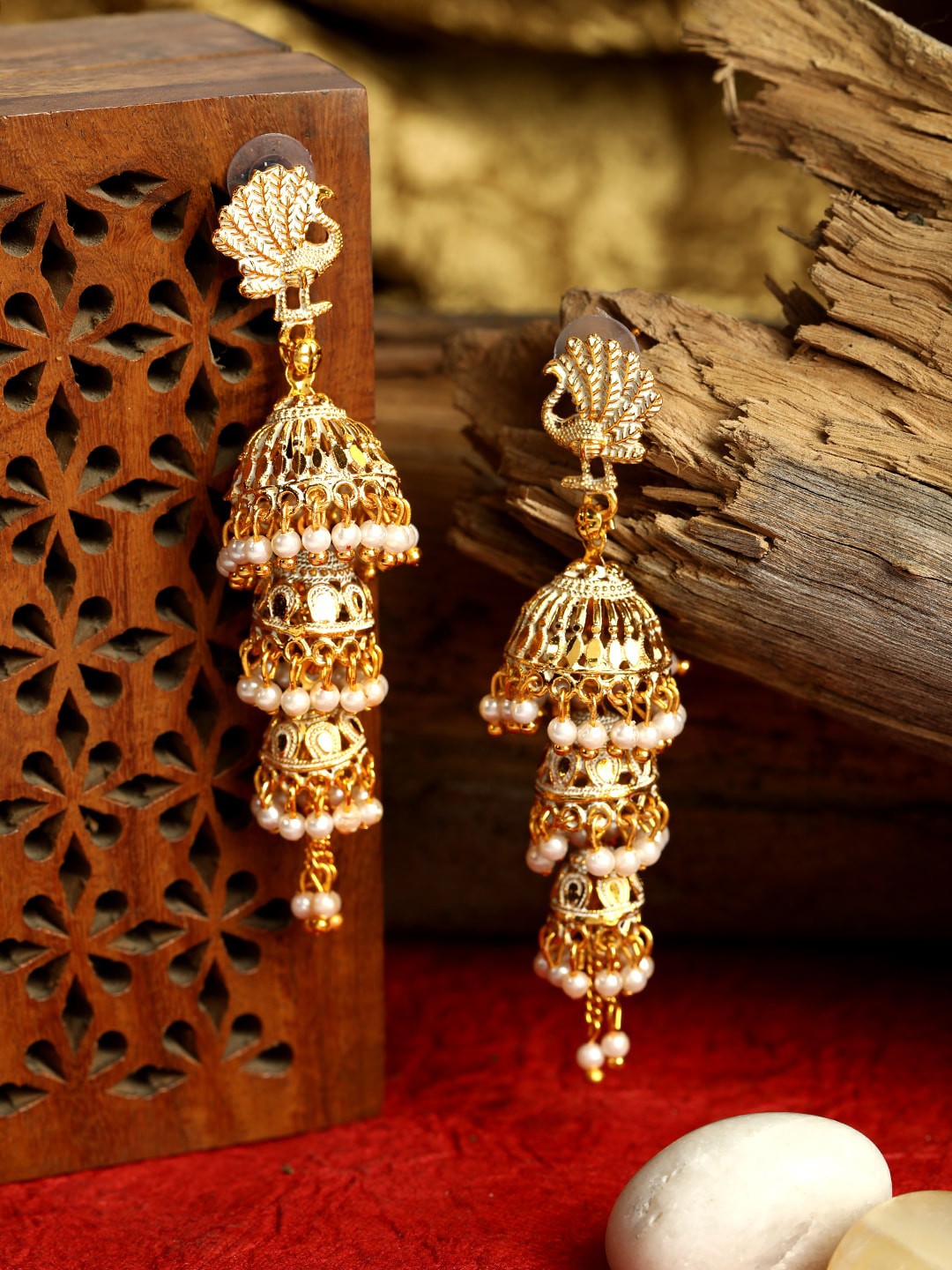

ANIKAS CREATION White Gold Plated Antique Peacock Shaped Jhumkas