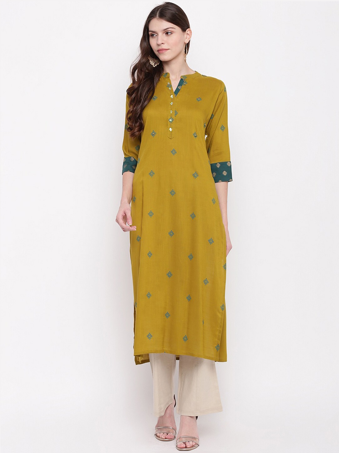 

Napra Women Mustard Yellow & Green Printed Straight Kurta