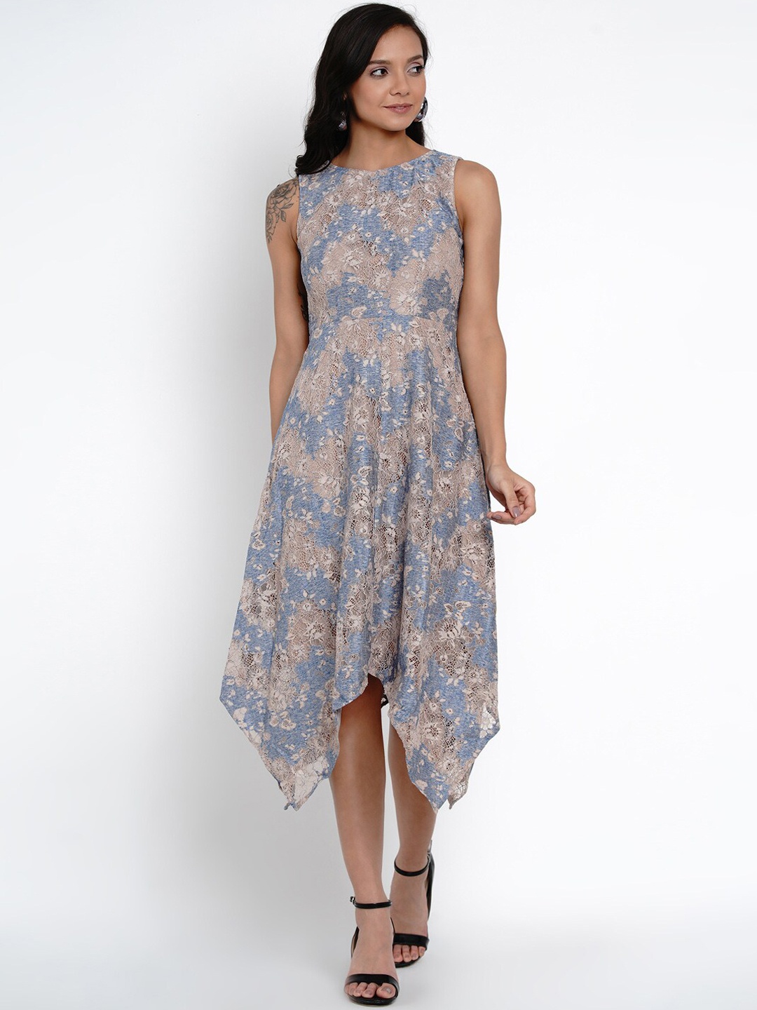 

Latin Quarters Women Blue & Beige Lace Fit and Flare Asymmetric Dress