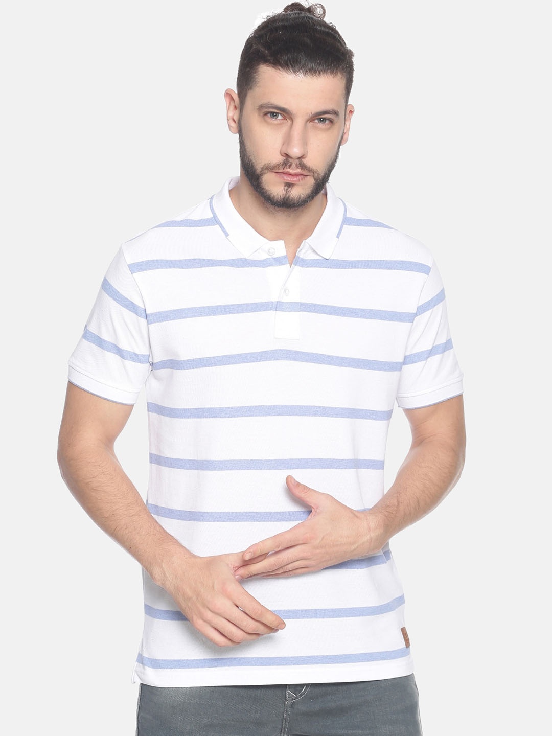 

Steenbok Men White & Blue Striped Polo Collar T-shirt