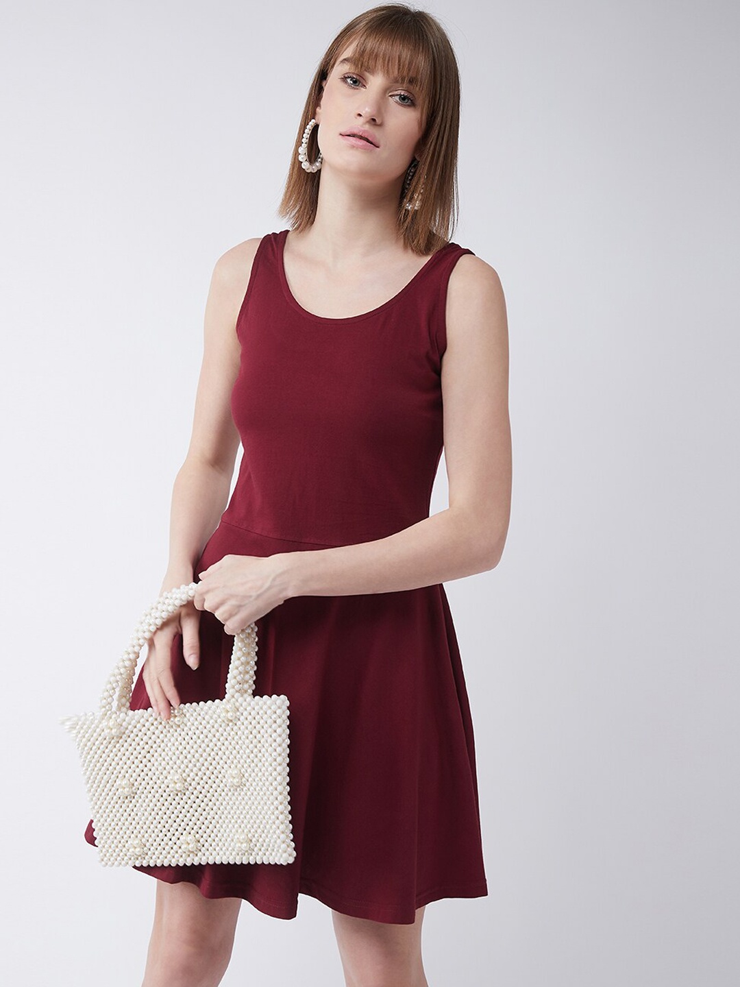 Miss Chase Women Maroon Solid Fit and Flare Dress