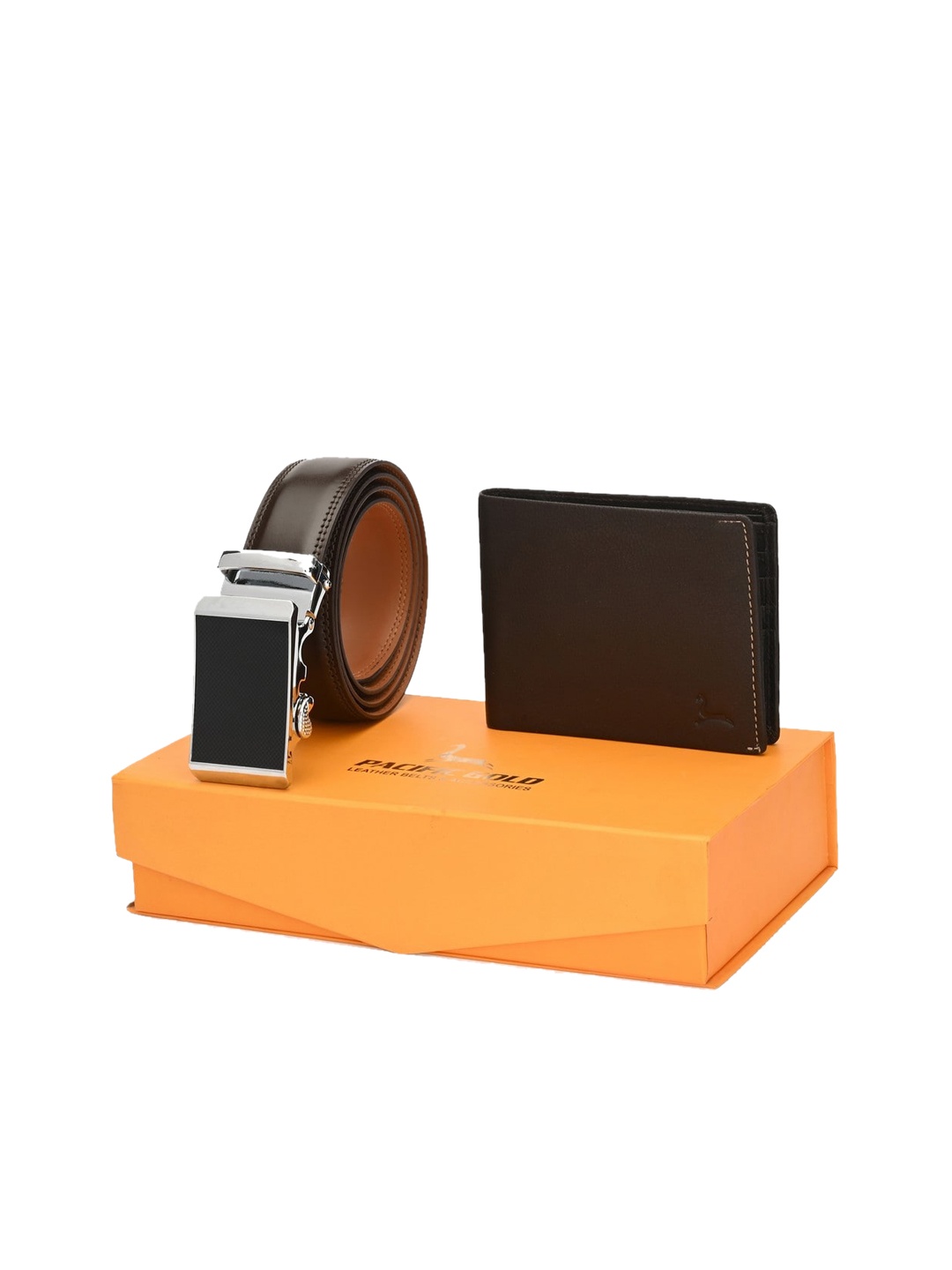 

Pacific Gold Men Brown & Silver-Toned Genuine Leather Accessory Gift Set