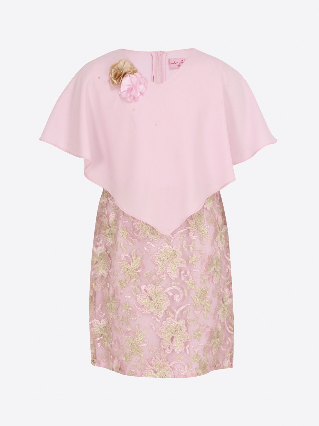 

CUTECUMBER Girls Pink & Beige Printed Sheath Dress with Cape Sleeves