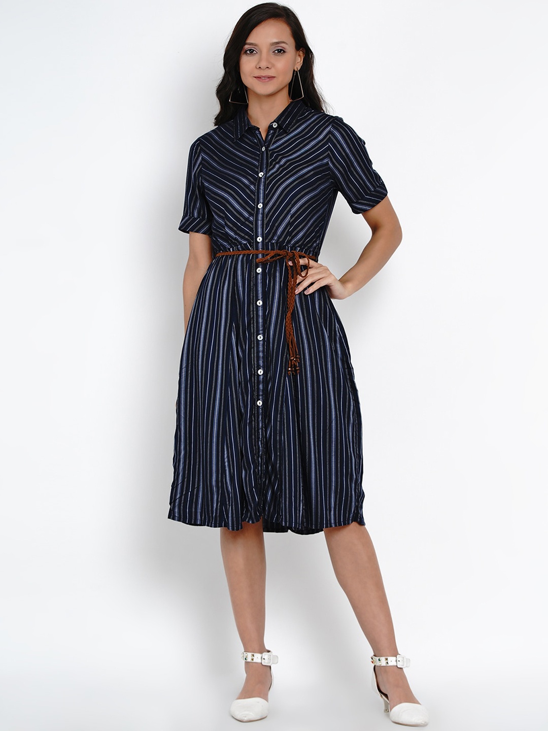 

Latin Quarters Women Navy Blue & White Striped Shirt Dress
