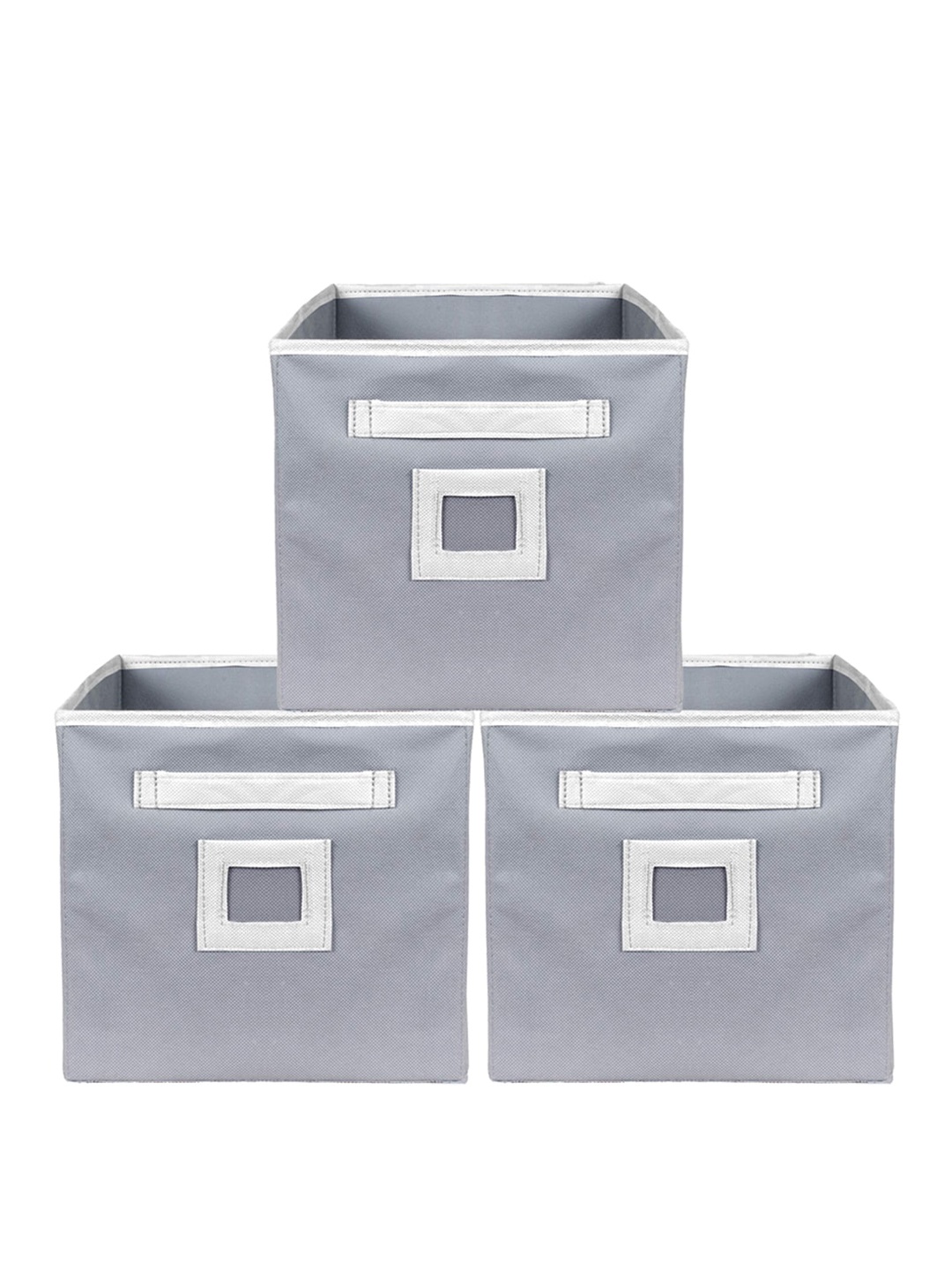 

Kuber Industries Set Of 3 Grey Solid Foldable Storage Boxes With Handle