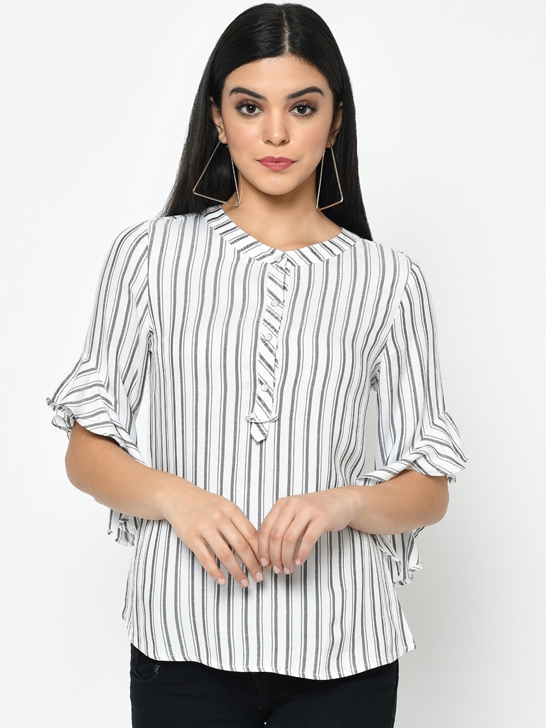

Latin Quarters Women Off-White & Black Striped Top