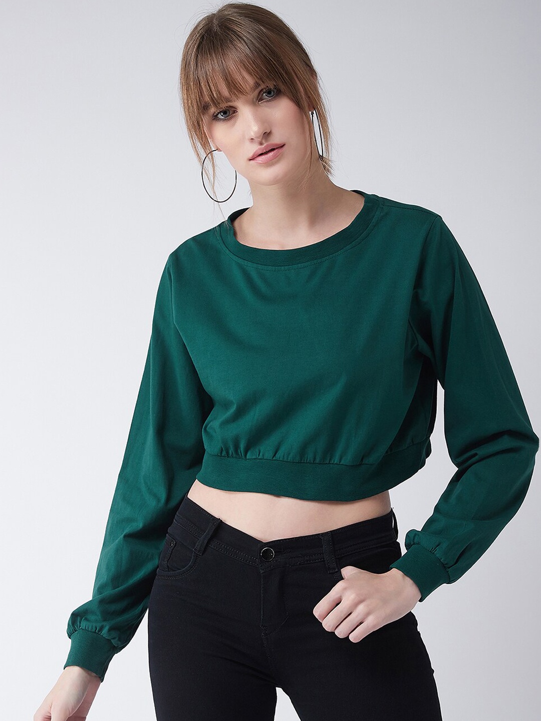 

Miss Chase Women Green Solid Knitted Boxy Crop Pure Cotton Top