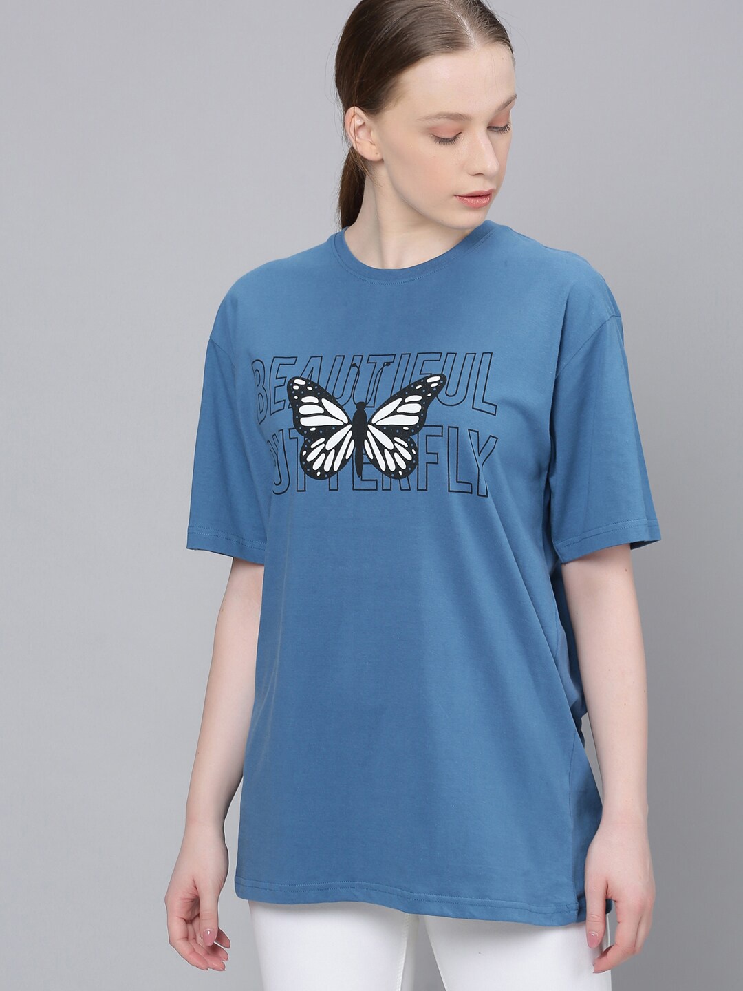 

DILLINGER Women Blue Printed Round Neck Oversized Pure Cotton T-shirt