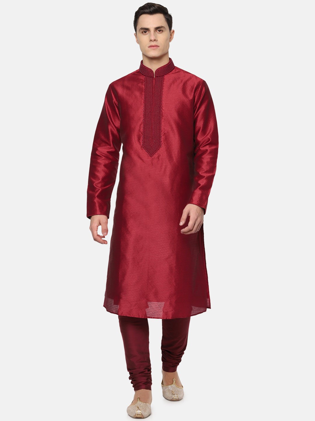

Louis Philippe Men Maroon Self Design Kurta with Churidar