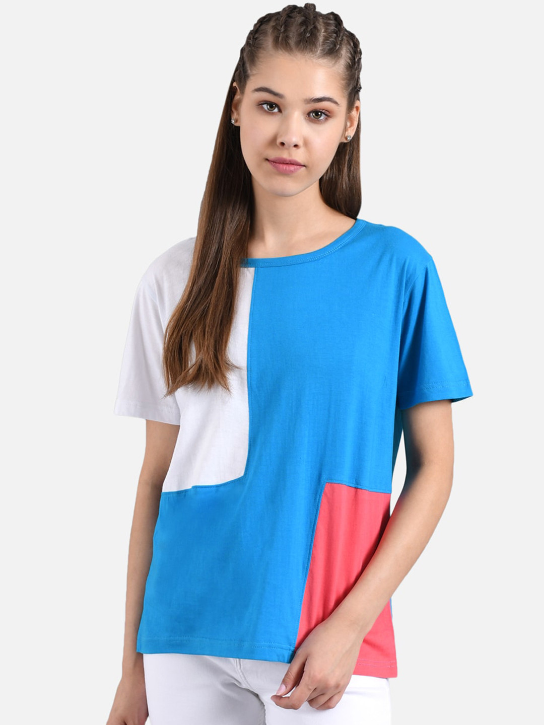 

Kotty Women White & Blue Colourblocked Round Neck T-shirt