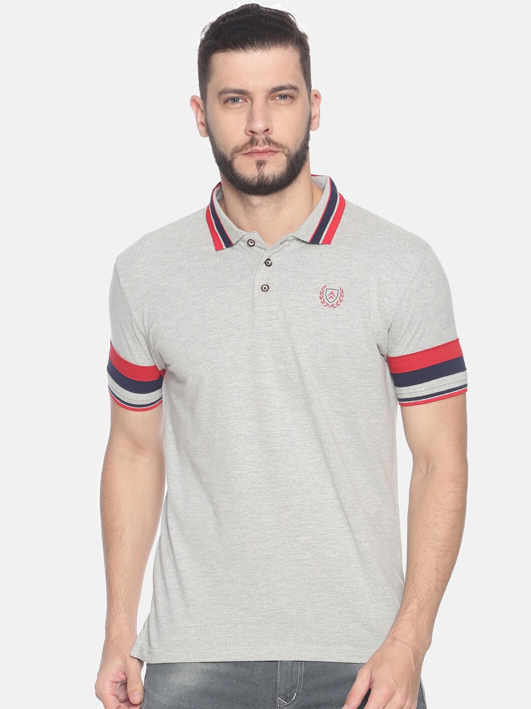 

Steenbok Men Grey & Red Colourblocked Polo Collar T-shirt