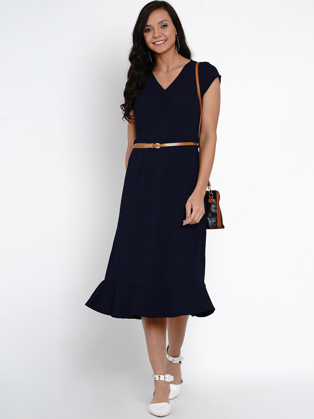 

Latin Quarters Women Navy Blue Solid Fit and Flare Dress