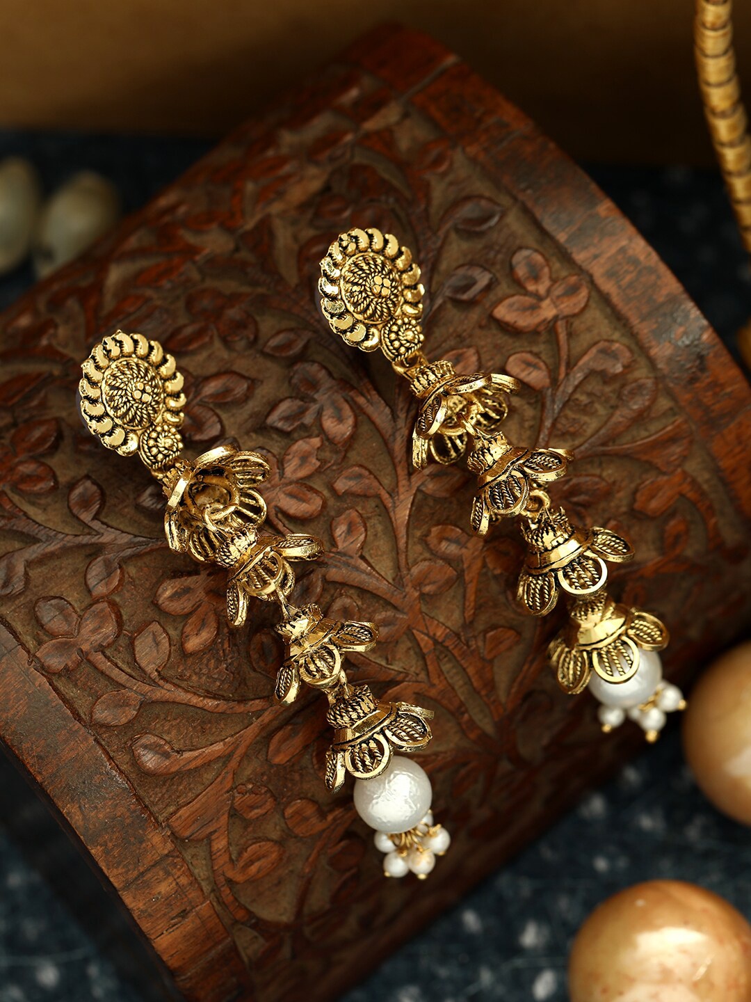 

ANIKAS CREATION Gold-Plated & White Classic Drop Earrings