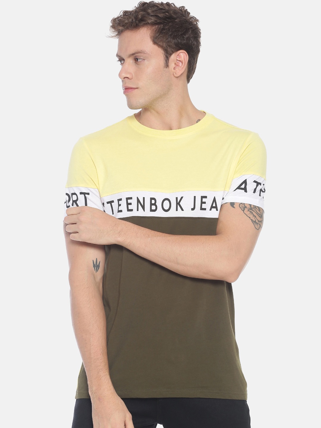 Steenbok Men Yellow & Olive Green Brand Logo Print Colourblocked T-shirt