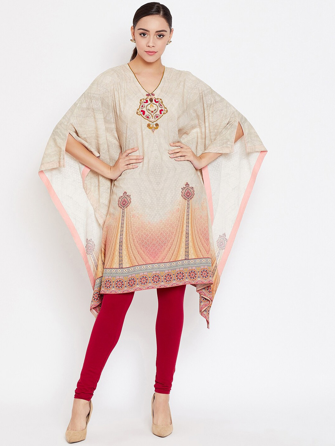 

The Kaftan Company Women Beige Embroidered Yoke Design Kaftan Kurta