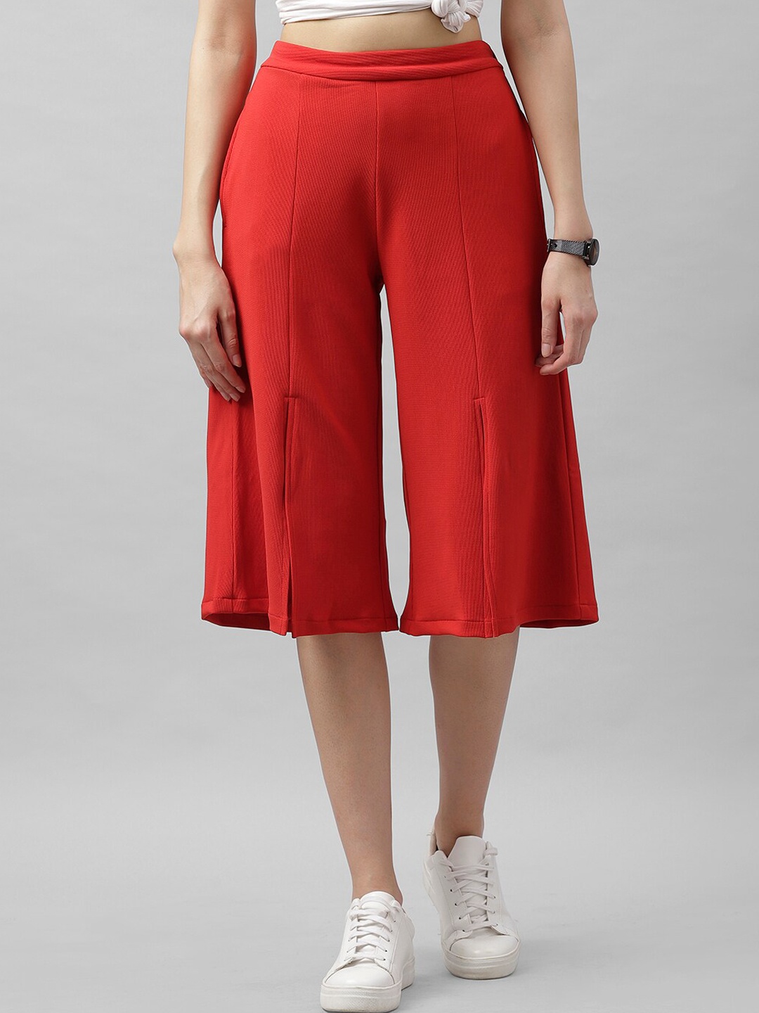 Athena Women Red Flared Solid Culottes