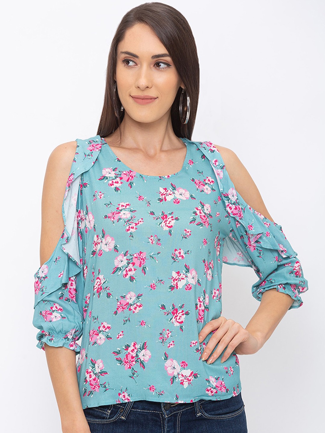 

Globus Women Blue & Pink Floral Print Cold Shoulder Top