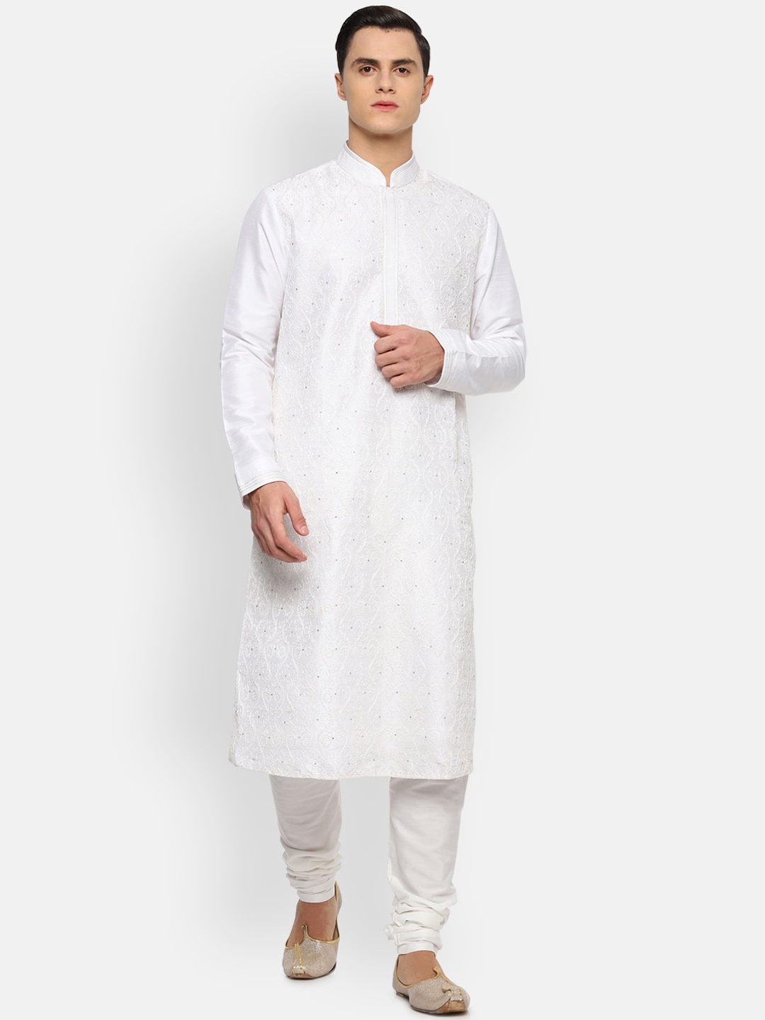 

Louis Philippe Men White Embroidered Kurta with Churidar