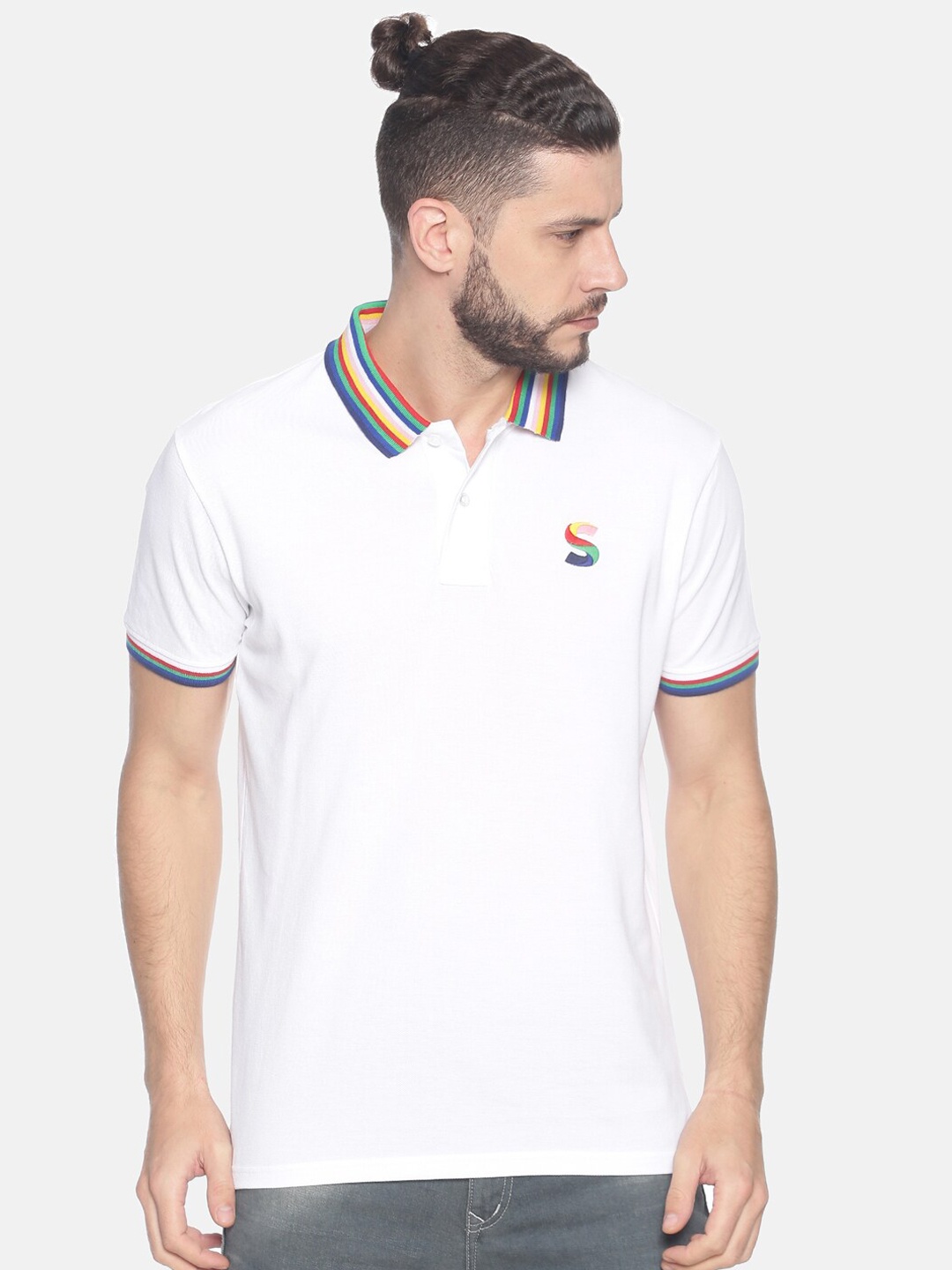 

Steenbok Men White Solid Polo Collar T-shirt
