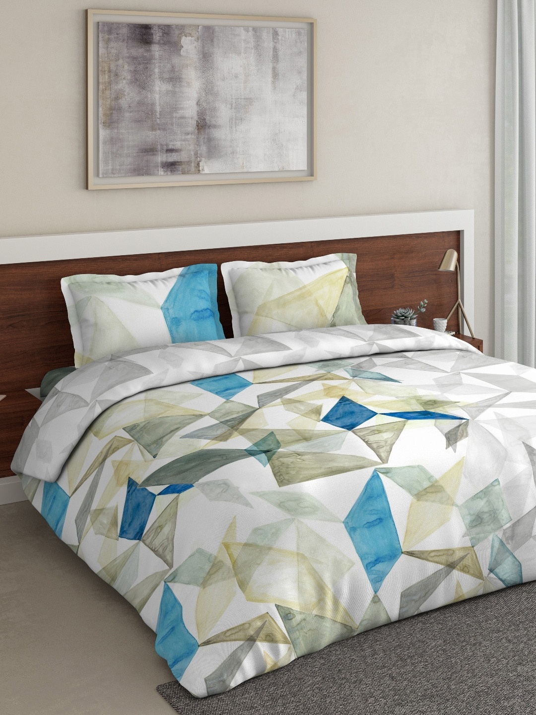 

DDecor White & Blue Geometric Printed Double Queen Bedding Set