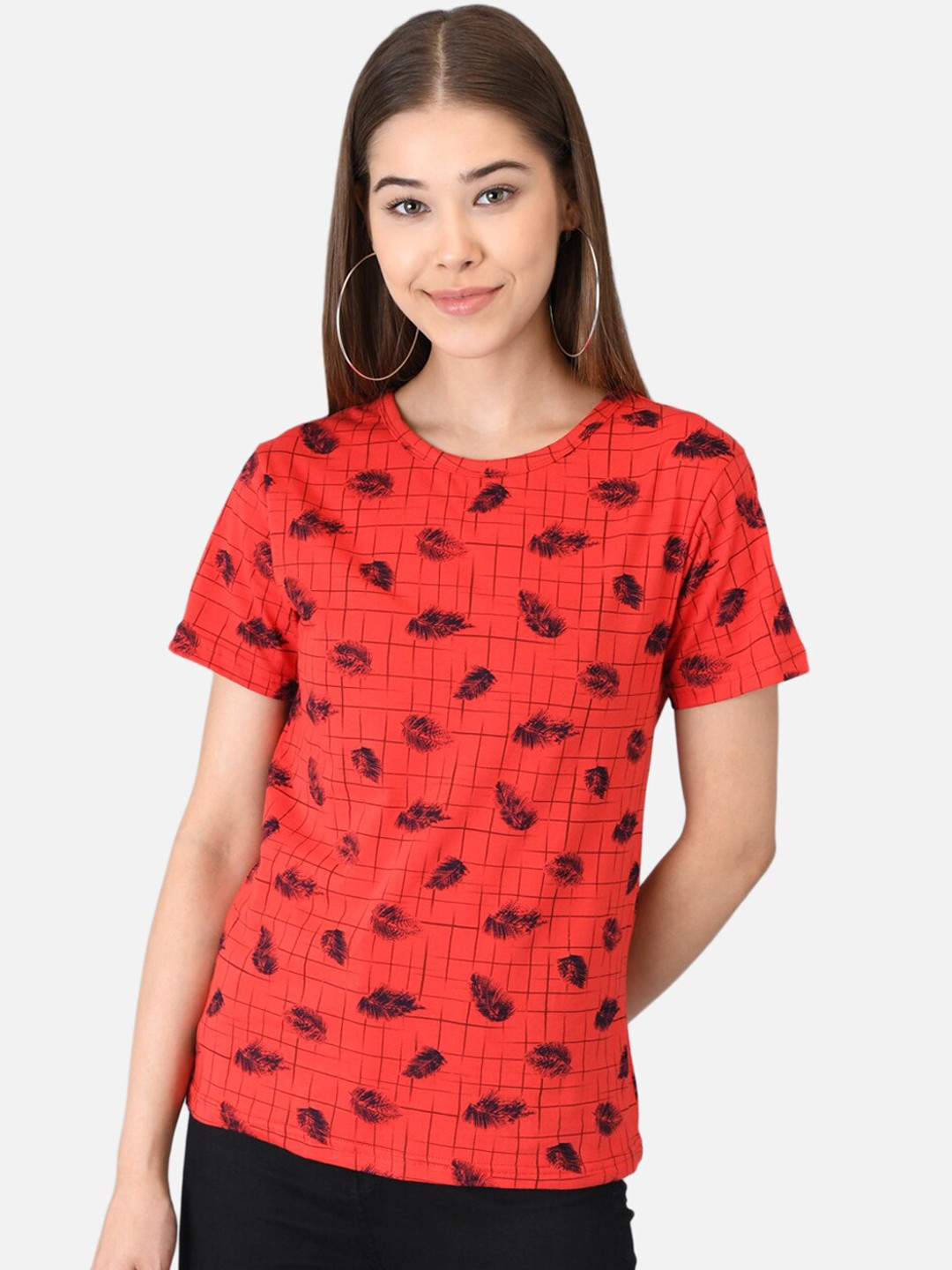 

Kotty Women Red Printed Round Neck T-shirt