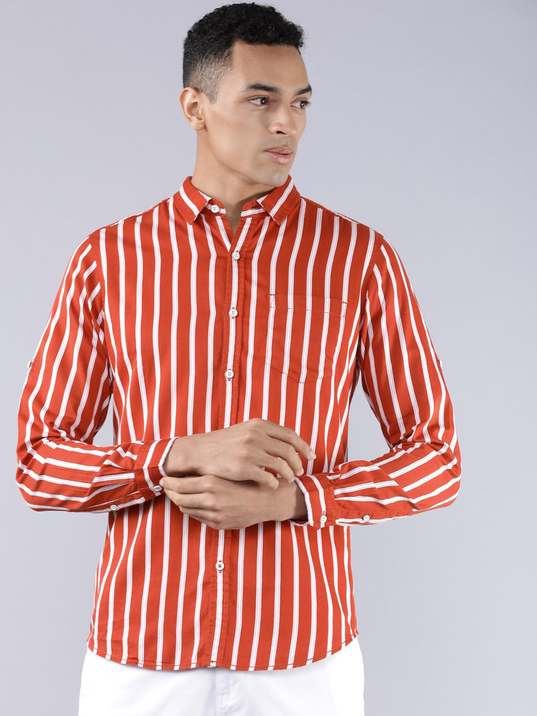 

LOCOMOTIVE Men Rust Red & White Striped Slim Fit Casual Shirt