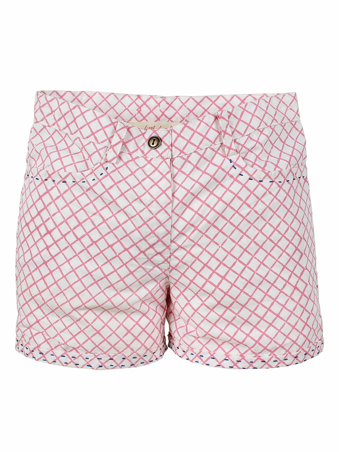 My Little Lambs Girls Off-White & Pink Checked Regular Shorts