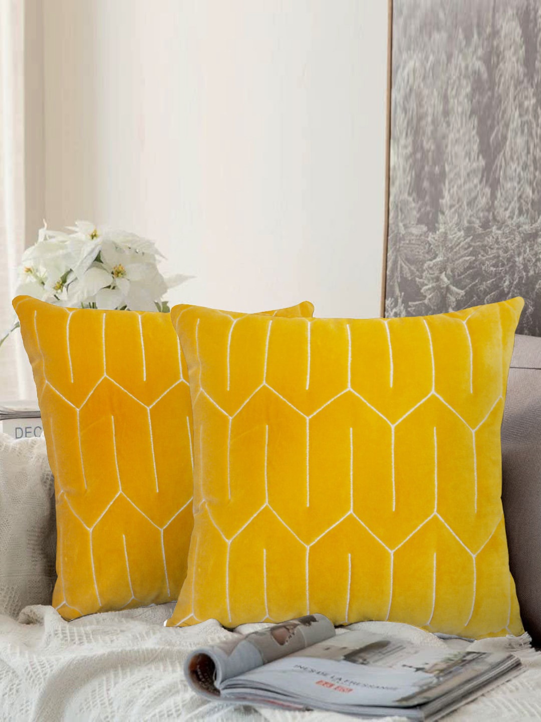

aRDENMEAD Yellow Set of 2 Embroidered Square Cushion Covers