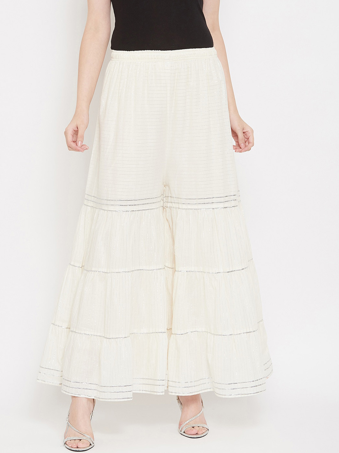 

TULIP 21 Women Off-White & Silver-Toned Striped Flared Sharara
