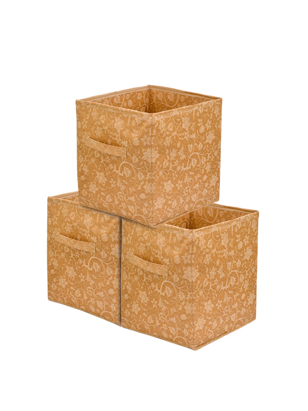 Kuber Industries Set Of 3 Beige Printed Foldable Fabric Drawer Organisers
