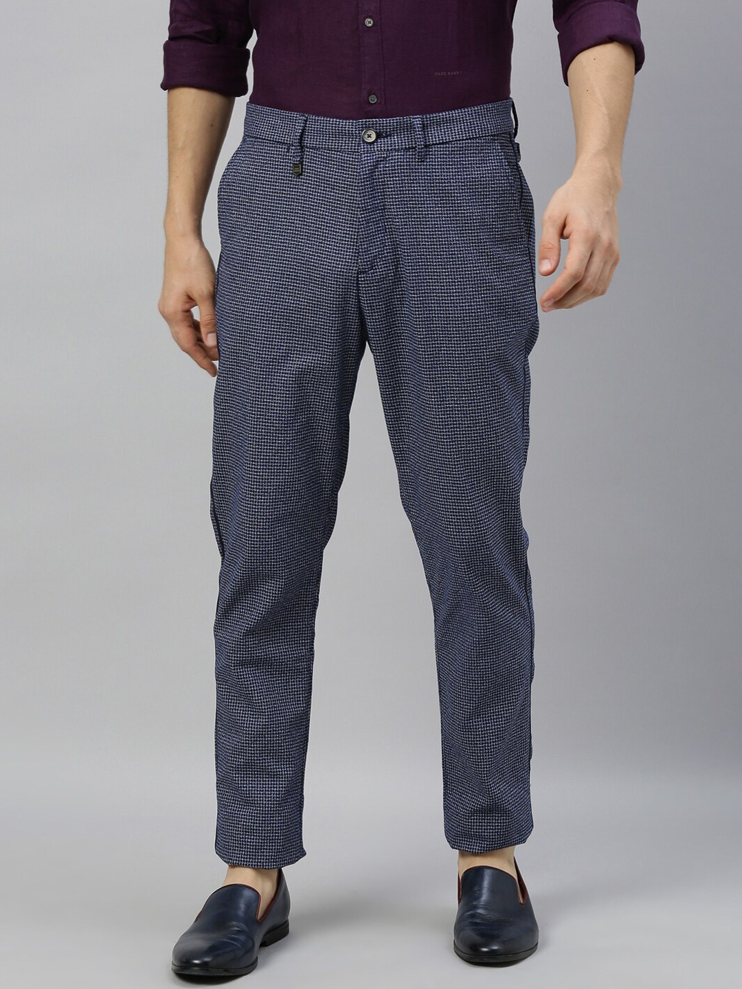 

RARE RABBIT Men Navy Blue Checked Regular Trousers