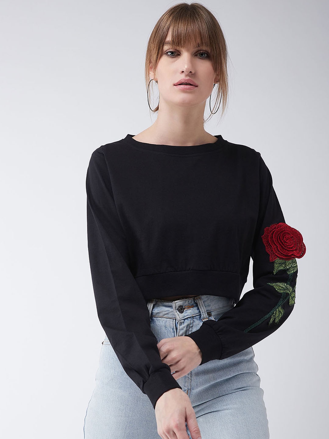 

Miss Chase Black Round Neck Full Sleeve Cotton Embroidered Floral Patchwork Boxy Crop Top