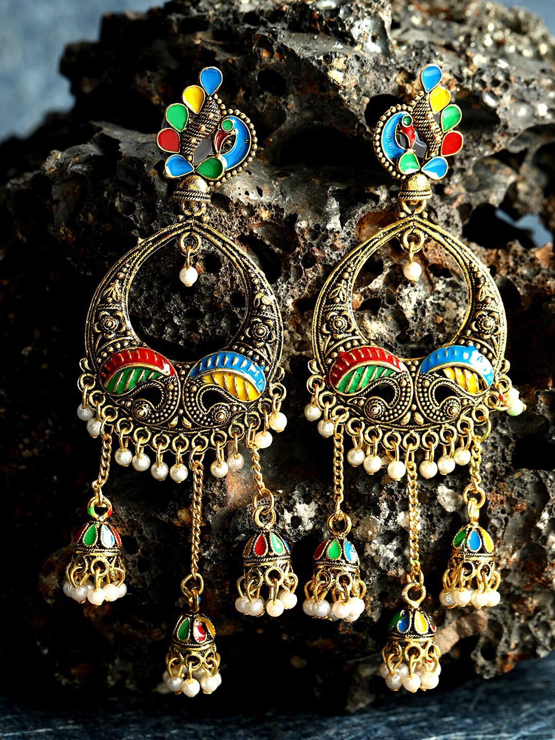 

ANIKAS CREATION Gold-Plated & Blue Classic Drop Earrings