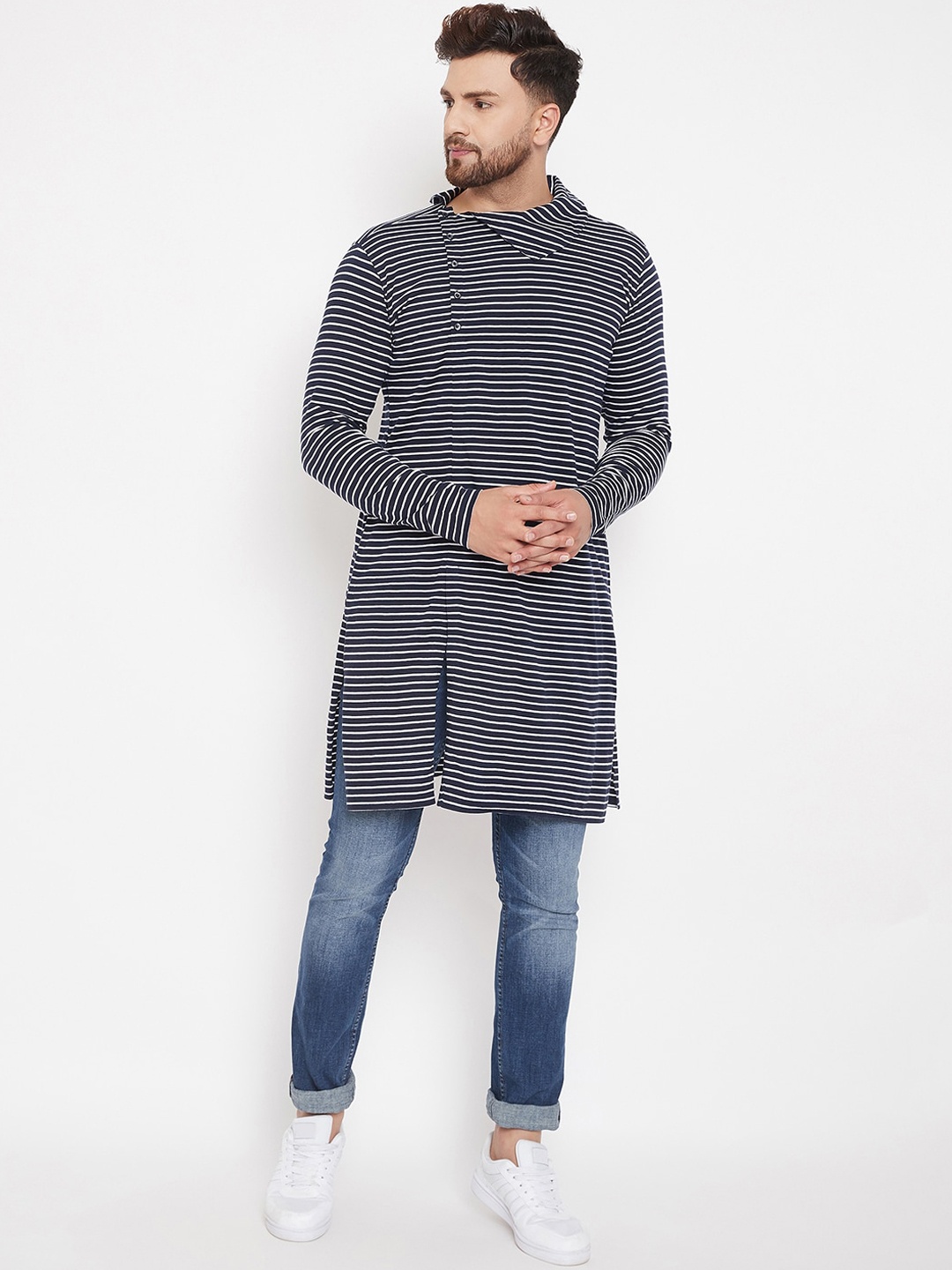 

CHILL WINSTON Men Navy Blue & White Striped Straight Kurta