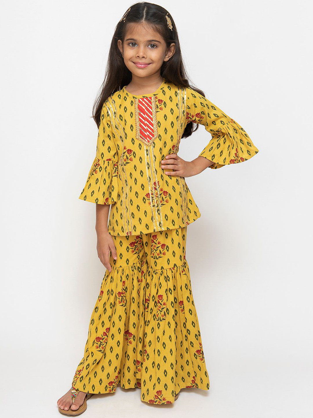 

Fairies Forever Girls Yellow Printed Kurta with Sharara