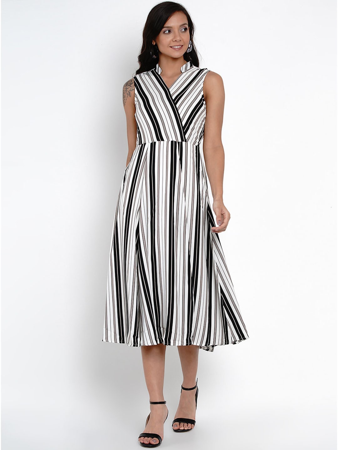 

Latin Quarters Women White & Black Striped Fit and Flare Dress