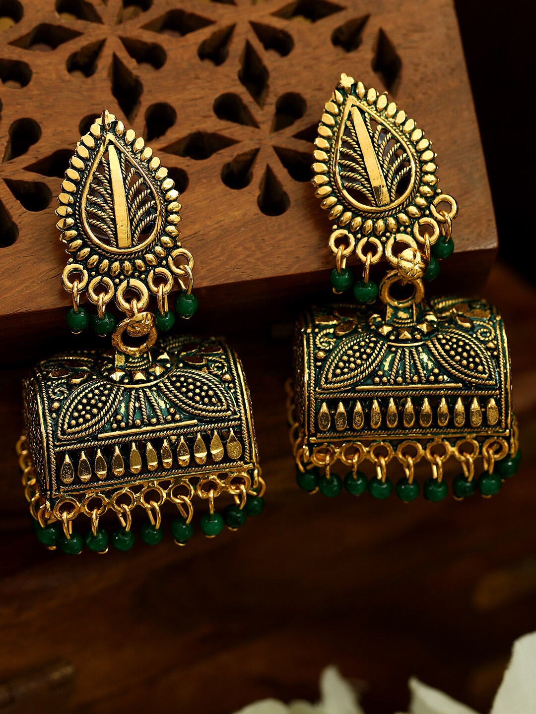 

ANIKAS CREATION Green Gold-Plated Classic Jhumkas
