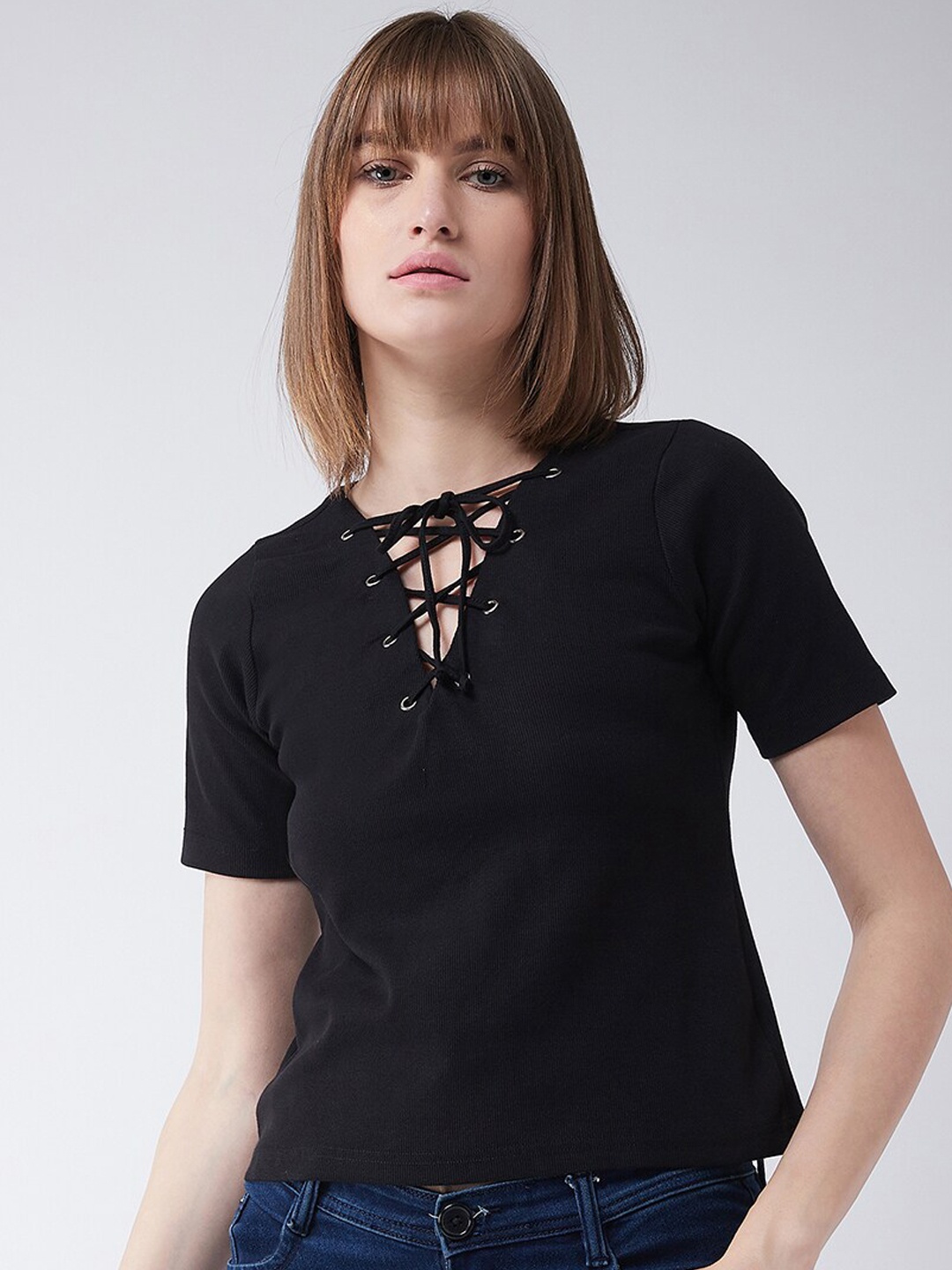 Miss Chase Women Black Solid Pure Cotton Top